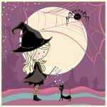 ilustracija male čarovnice in muce