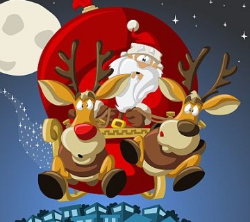 Božiček na saneh, ki jih po nebu vlečeta dva jelena - ilustracija